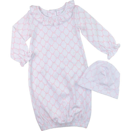 Pink Bow Trellis Baby Gown And Beanie
