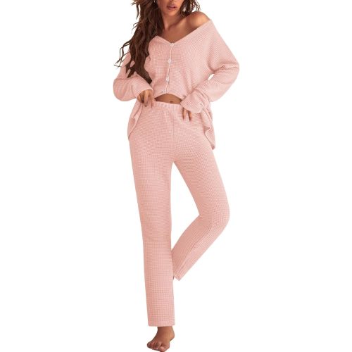 Ekouaer Womens Waffle Knit Pajamas Loungewear Two-piece Sleepwear Button-Down Pj Set with Pockets