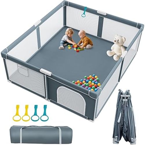Foldable Baby Playpen - 71"×79" Collapsible Play Pen for Babies and Toddlers - Indoor Outdoor Travel Playpen - Sturdy with Mesh View Portable Play Yard - Folding Play Pen with 4 Handles and Carry Bag