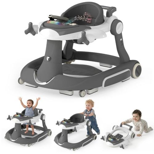 TODECARE 6-in-1 Baby Walker with Adjustable Height, Foldable Design & Speed-Control Wheels, Easy-Clean Seat, Gray