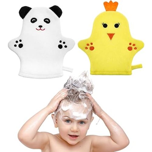 2PCS Baby Bath Mitt Washcloths Gloves Panda Chicken Toddler Soft Washcloths for Kids Designed in Cute Animal Towel Gentle Scrub for Baby Girl Boy Bath Shower