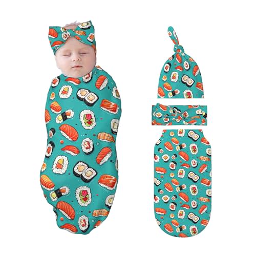 Figtihw Sushi Swaddle Blankets Newborn Receiving Blanket Baby Swaddle Wrap with Headband Hat Set for Baby Girls Boys