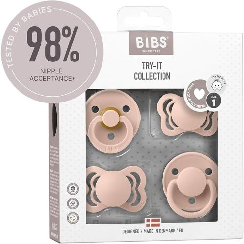 BIBS Pacifiers Try-it Collection | Includes Colour, De Lux, Couture and Supreme Pacifiers | BPA-Free Natural Rubber & Silicone | Made in Denmark |Blush | 0 to 6 Months