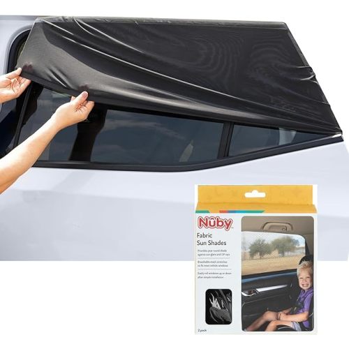 Nuby 14" Roller Vehicle Side Window Sun Protection Shade for Baby | 2 Pack | Pull Down with Suction Cups and Press Button Roll Up | Black