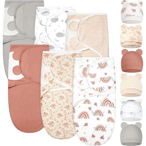 Ramede 6 Pack Swaddle Blanket with Hats for Baby Girl Boy 100% Cotton Swaddles 0-3 Months, Adjustable Breathable Skin Friendly Receiving Blanket Wrap, Essential for Newborns