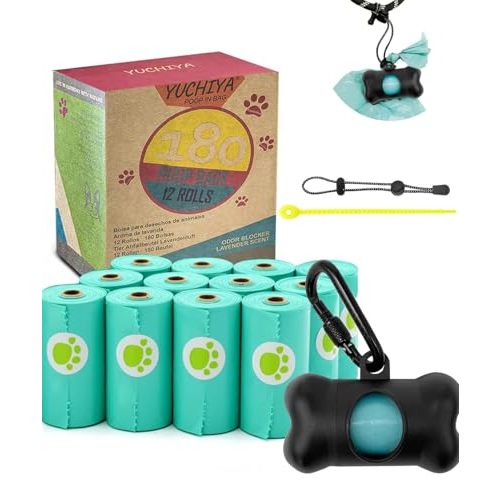 Dog Poop Pickup Bags Holder Dispenser with Standard-Sized Leak-Proof Scented Doggy Waste Bags and Carabiner with Safety Lock&Fastener Never Loose on Leash Lead Again (1 Holder 195 Bags, Black)