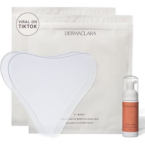 Dermaclara Large Body Patch - Pregnancy Stretch Mark Prevention & Removal, C Section Cover Up Belly Scar, Maternity Skincare, Silicone Gel Sheet, Reusable up to 30 Times - 2 Patches & Patch Cleanser