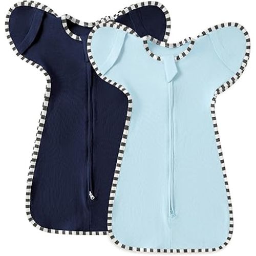 ANHEBEIBEI Soft Cotton Swaddle Blanket, Arms Up Baby Sleep Transitional Swaddle Sack Wearable Sleeping Bag for Boy Girl (Blue + Dark Blue, M(3-6 Months))