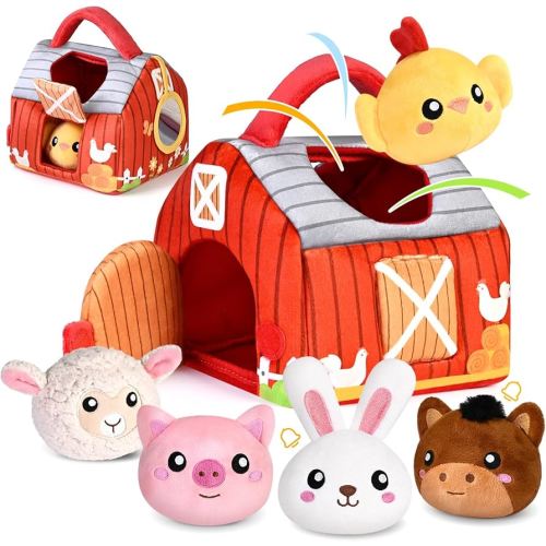 Baby Toys 0-6 6-12 Months, Plush Big Red Barn with Farm Animals, Soft Sensory Toys with Crinkle, Rattles for 0-3-6-9-12 Month Newborn Infant, Christmas Easter Birthday Gifts for Baby Boys Girls