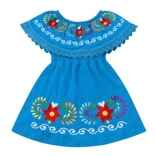 IDOPIP Toddler Baby Girls Floral Embroidered Mexican Dress Ethnic Wear Off-Shoulder Sundress