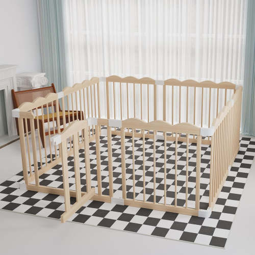 Wooden Baby Playpen 50x65x24In Adjustable Play Yard with Lock Gate