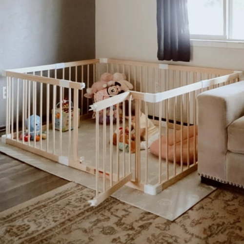 "HARPPA Wooden Safety Enclosure Playard for Kids, Adjustable Infant Playpen, 60"" x 73"" x 24"