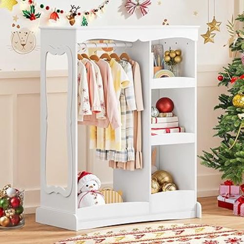 Curipeer Kids Dress Up Storage with Flower Mirror, Open Hanging Closet Wardrobe for Children, Kids Armoire & Costume Organizer for Bedroom Playroom Preschools Classroom, White