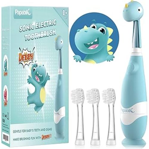 Papablic Toddler Sonic Electric Toothbrush Kids for Ages 1-3 Years, Baby Electric Toothbrush with Cute Dino Cover and Smart LED Timer, 4 Brush Heads (Debby)