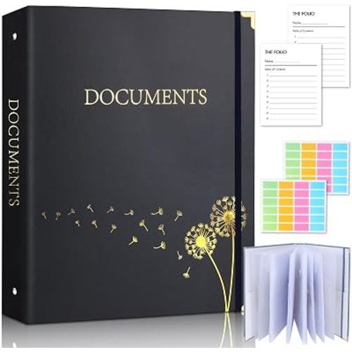 XKDOUS Important Document Organizer Emergency Binder Life Organizer Folio Folders with 9 Pockets Expanding File Storage Holder for Papers, Letters, Cards, Bills, Passports, Photos