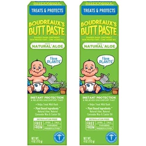 Boudreaux's Butt Paste with Natural* Aloe Diaper Rash Cream, Ointment for Baby, 4 oz Tube, 2 Pack