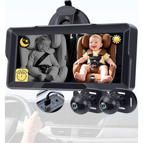 Thybro 1080P Dual Baby Car Camera: 6.8" Night Vision Monitor 2-Kids from Head to Toe at Once - USB Plug & Play Tool-Free Easy Setup for Two-Child Families on Daily Driving