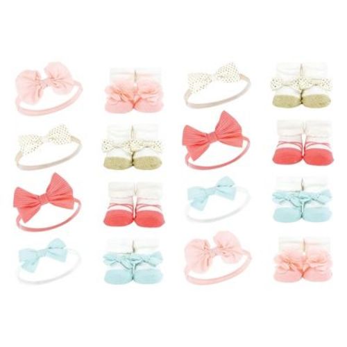 Hudson Baby Infant Girl 16Pc Headband and Socks Giftset, Coral Gold, One Size