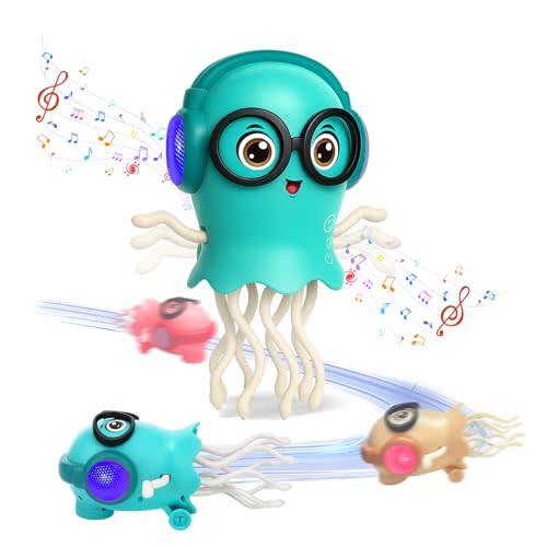Vodolo Magic Electric Dancing Jellyfish Toy with Led Light and Music,Playful Automatic Steer Crawling Dancing Baby Toy with Smart Tentacle Explorer,Dancing Octopus Toy,Tummy Time Toys,Green