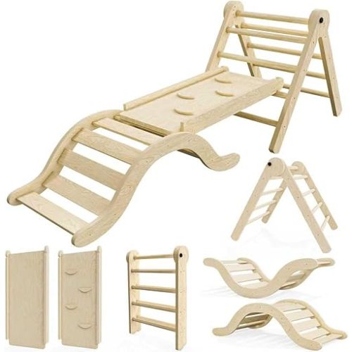 Pikler Triangle Set Climber 5 in 1, Toddler Climbing Toys Indoor Folding with Ramp & Arch for Montessori Play Gym for Toddlers and Kids (Natural)(99" Wx21 Dx23 H)