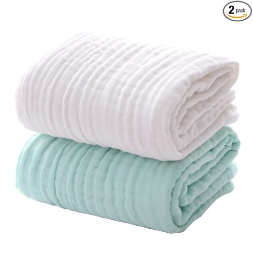 MUKIN Baby Bath Towels, Super Soft Cotton Receiving Blanket for Baby's Delicate Skin,2Pack Swaddle Blanket for Newborns Toddlers Boy Girl,Baby Registry as Shower (White+Green)