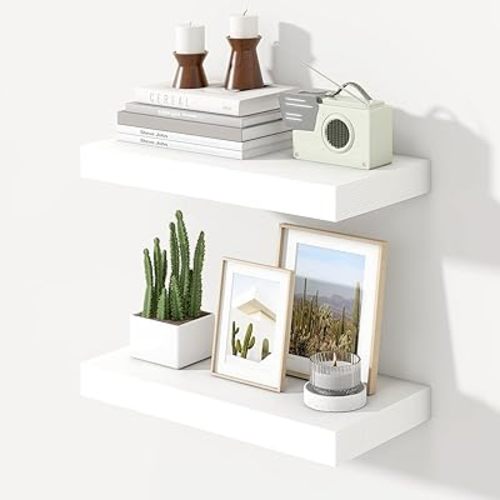 16 inch White Floating Shelves for Wall,6.7 inch Deep Small Bathroom Over Toilet Shelf,Wall Mounted Wood Shelves for Bedroom,Living Room,Kitchen,Office,Set of 2