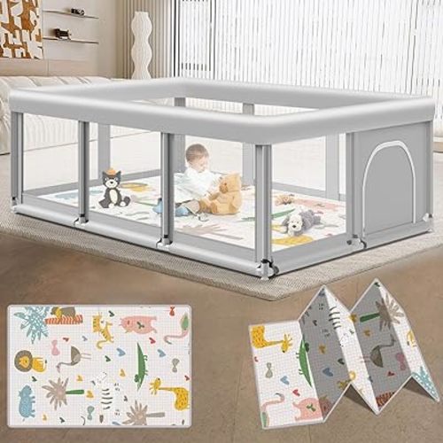 Baby Playpen with Mat 74" ×50", Large Play Yards Indoor & Outdoor, Sturdy Safety Baby Play Pen with Soft Breathable Mesh, Toddlers Play Pen with Anti-Slip Base, Waterproof Mat Included