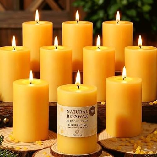 Natural Beeswax Pillar Candles, Non Toxic,2x3 inch,12 Pack,384 H Long Burn