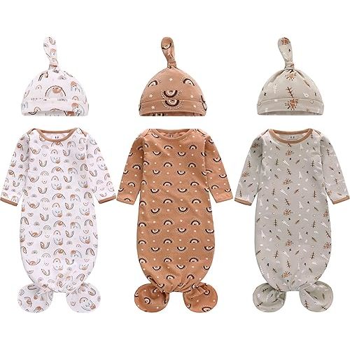 Newborn Knotted Nightgown Long Sleeve with Matching Hat Set 3 Pack, Cotton Baby Sleeper Gowns Sleeping Bag Unisex Home Outfits Set with Mitten Cuffs for Boys Girls 0-6 Months