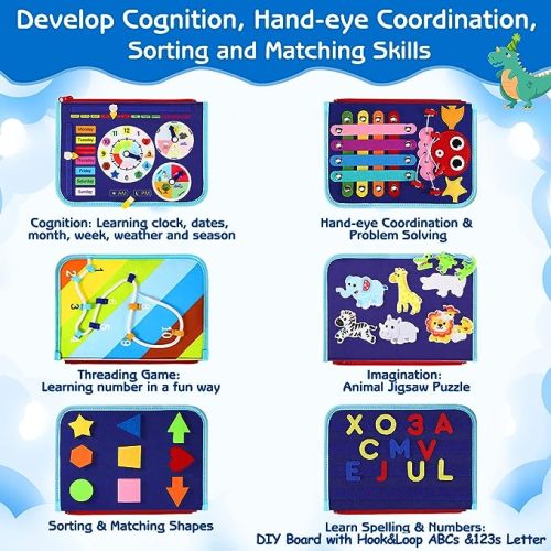 Esjay Toddler Busy Board Montessori Toys for 1 2 3 4 Year Old, Sensory Board Educational Activities for Learning Fine Motor Skills, Gifts for Girls Boys, Travel Toys for Airplane Car - Blue Dinosaur