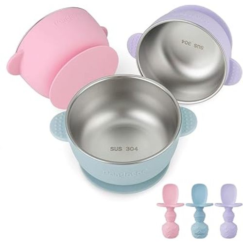 PandaEar 3 Pack Stainless Steel Suction Baby Bowls & 3 Silicone Baby Spoons | Non-Slip Stay Put Bowls & Anti-Choke First Stage Spoons for Toddlers, BPA-Free Baby Led Weaning Set