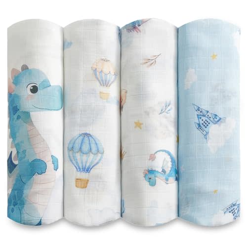 Muslin Baby Swaddle Blankets, 4-Pack 47x47 inches, Breathable 100% Rayon from Bamboo Receiving Blanket, Shower & Registry Gift (Little Dragon/Blue Castle/Hot Air Balloon/Prince & Dragon)
