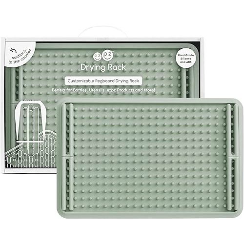 ezpz Drying Rack (Sage) - Silicone Dish Drying Rack with Suction Base - Adjustable Pegs - Odor-Resistant - Dry + Store Baby/Toddler Gear