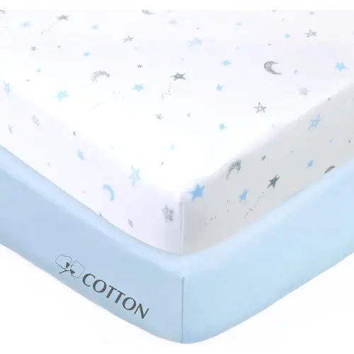 American Baby Company 2 Pack 100% Natural Cotton Fitted Crib Sheets 52" x 28" - Soft, Breathable, Hypoallergenic & Gentle Toddler Bed Sheets, Blue Stars and Blue, Neutral for Boys & Girls