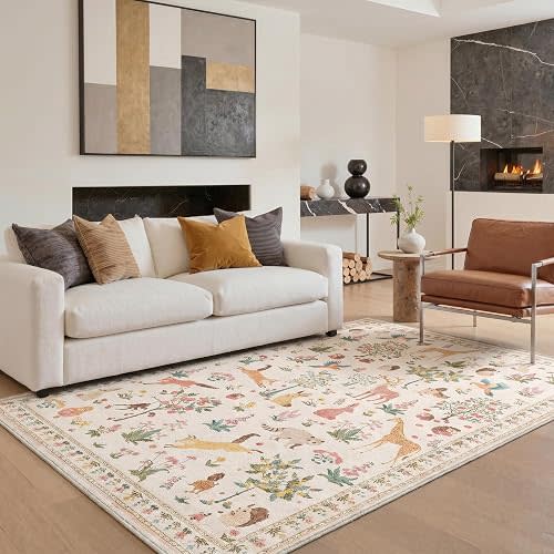 Washable Rugs 8x10, Soft Animal Print Ultra-Thin Low Pile Carpet, Non-Slip Stain Resistant Floral Pet Friendly Woodland Jungle Rug for Playroom Living Room Bedroom Entryway, Cream