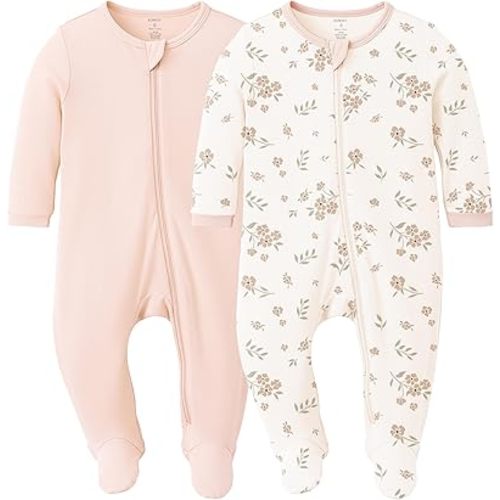 Konssy Baby Girl Sleepers, Rayon Made from Bamboo Zipper Closure Footed Sleepers 2-Pack Baby Pajamas