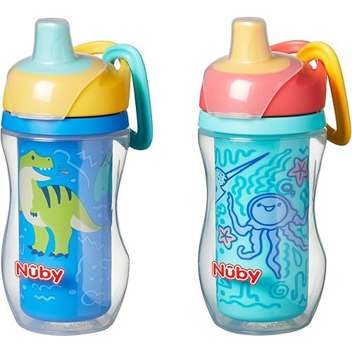 Nuby Active Sipper Insulated Cup – No-Spill Toddler Cup with Vari-Flo Valve – Leak-Resistant, Keeps Drinks Cool, Easy-Grip Design with Carabiner Clip – Perfect for Home or Travel - 2 pk - Boy