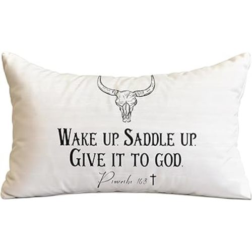 Rustic Western Christian Pillow Covers 12x20, Christian Room Decor, Proverbs 16:3 Bible Verse Cow Skull Decorative Lumbar Pillow Covers for Couch Sofa Bedroom Living Room Home