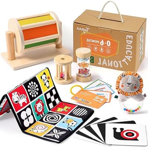 Toyssa Montessori Toys for Babies 0-6 Months, 6 in 1 Wooden Learning Educational Sensory Toys with Spinning Drum & Tummy Time Mirror & Baby Rattle & Flash Card, Birthday Gifts for Babies Boys Girls