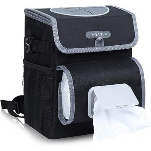 Farasla All-in-One Car Trash Can, Garbage Bag for Car with Removable Leakproof Interior Liner, Adjustable Tissue Holder & Straps(Black)