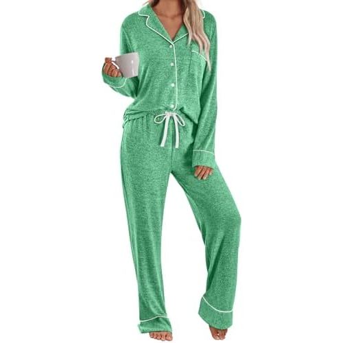 LILLUSORY Women's Long Sleeve Pajama Set - Soft Button-Down Top & Comfortable Drawstring Pants with Pockets