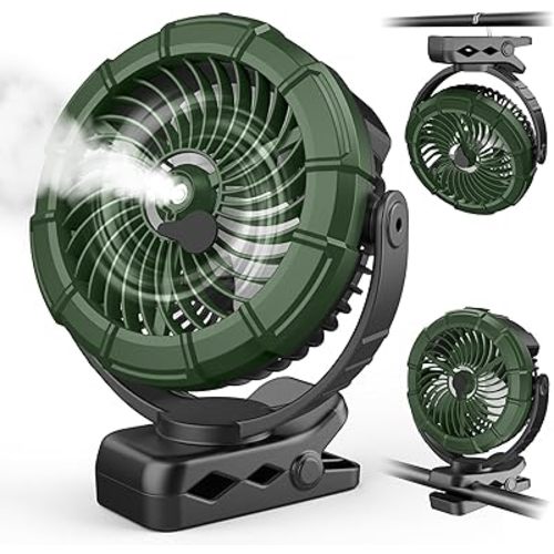 Ausic Portable Misting Clip on Fan, 100ml Camping Stroller Fan with Mist, 5200mAh Outdoor Rechargeable Battery Operated Fans, 360° Rotate Cooling Spray Fans for Travel/Home/Beach/Golf Cart