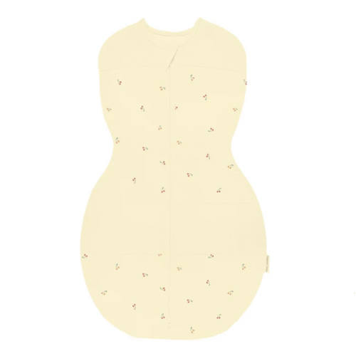 Happiest Baby Sleepea 5-Second Swaddle - 100% Organic Cotton Baby Swaddle Blanket - Doctor Designed Promotes Healthy Hip Development (Butter Yellow Cherries, Medium)