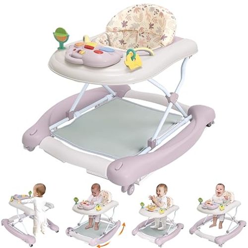 Foldable Baby 5-in-1 Activity Walker - Rocker, Activity Center, Bouncer, Seat Walker, Push Walker - Adjustable Speed Rear Wheels and Height Toys Ages 6-18 Months… (Purple)