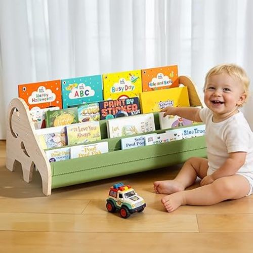 LAMU Kids Bookshelf, 4 Tier Solid Pine Wood Toddler Bookshelf, Book Shelf for Kids Rooms, Portable Montessori Bookcase, Childrens Book Storage Display for Baby's Bedroom Nursery Playroom (Elephant)