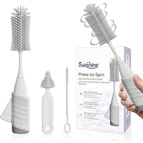 Baby Bottle Brush Set, Innovative Efficient Press-to-Spin Brush Cleaner - Includes Silicone Bottle Brush, Nipple Brush, Straw Cleaner - Spinning Generates Rich Foam for Deep Cleaning, Gray