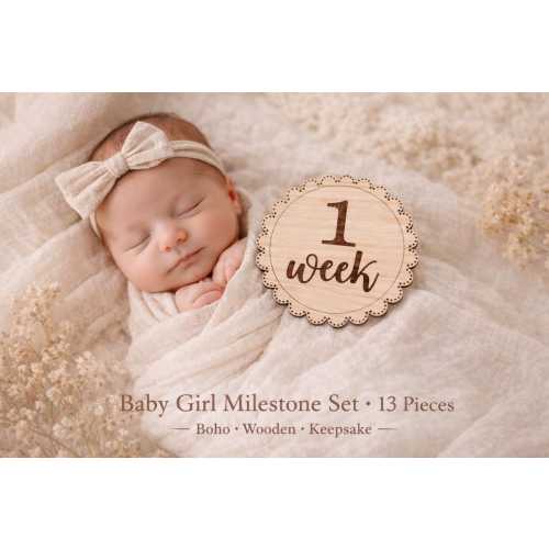 Baby Girl Milestone Discs | Wooden Baby Milestone Set of 13 | Newborn Photo Props | Boho Baby Shower Gift