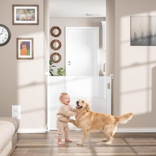 Retractable Indoor Baby Gates for Stairs, Doorways, Deck, Porch, Hallways, Patio (White, 55" Wide 34" Height)