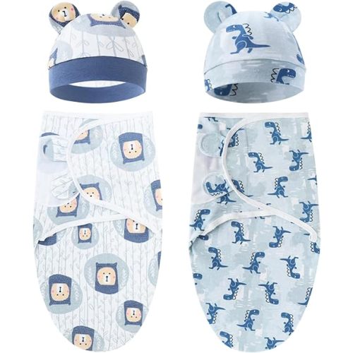 Dizila 2 Sets Adjustable Soft Cotton Blend Receiving Swaddle Blankets Sleep Sacks with Matching Nursery Hats Caps Beanies Bonnets for Newborns Infants Baby Girls Boys (Multicolor S10)