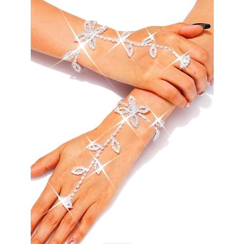 GORTIN Rhinestone Fingerless Gloves Silver Bride Wedding Glove Sparkle Crystal Bridal Hand Chain for Women